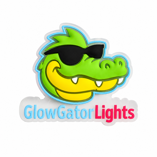 GlowGatorLights glow-in-the-dark LED gator shoe charm with Glow Gator Lights logo for clog-style shoes